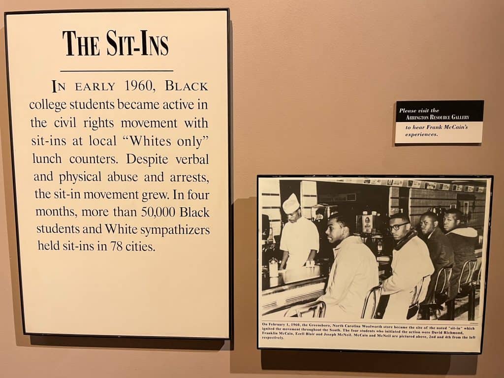 An exhibit explaining the sit-ins where blacks would sit at white restaurants.