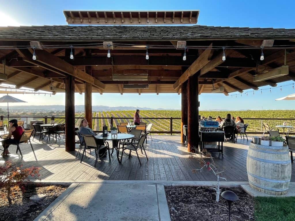 The outdoor seating balcony overlooking the vineyard at Eberle Winery in Paso Robles.
