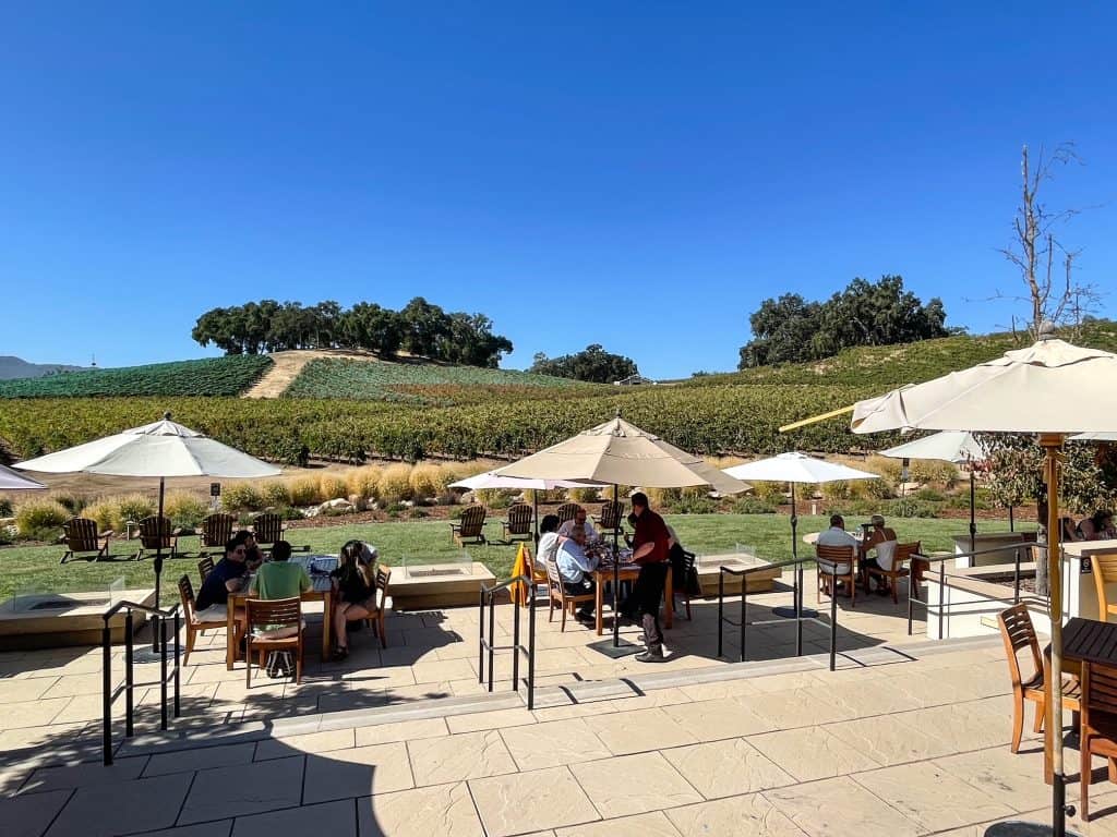 Wine tasting outside on the patio tables with rows of vines in the background at Justin Winery.