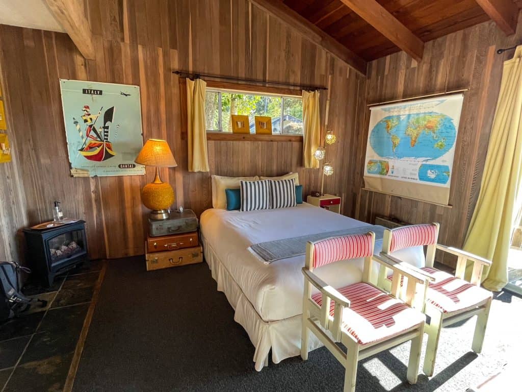 Adorable interior of the World Traveler themed cabin at the Andiron.
