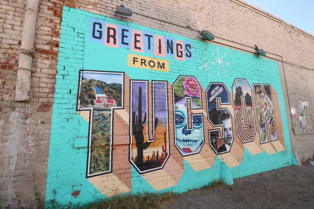 The Greetings from Tucson art mural with images painted in each letter.
