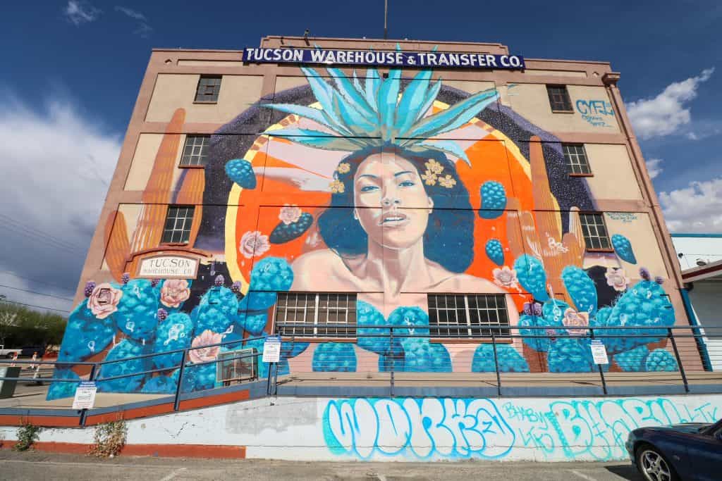 Goddess of Agave art mural in colors of blue, turquoise, and orange.