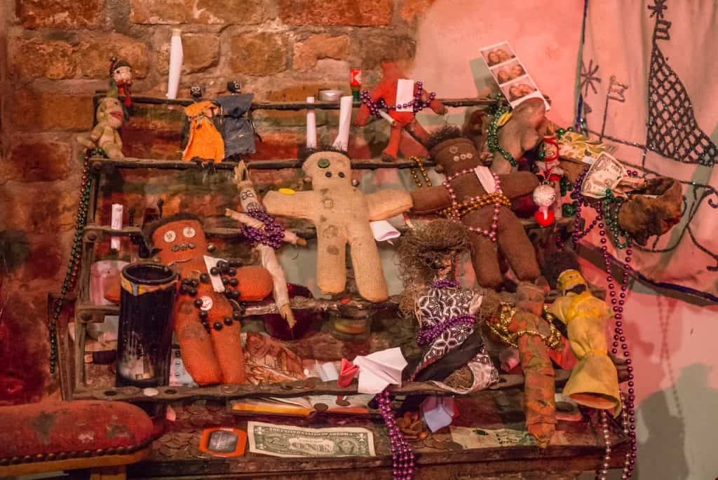 A shrine with several voodoo dolls at the Historic Voodoo Museum in New Orleans.