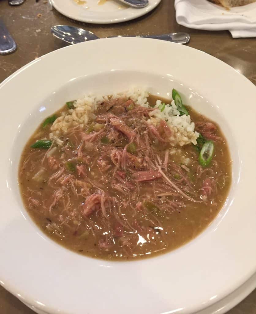 A bowl of duck and sausage gumbo from Tableau in New Orleans.