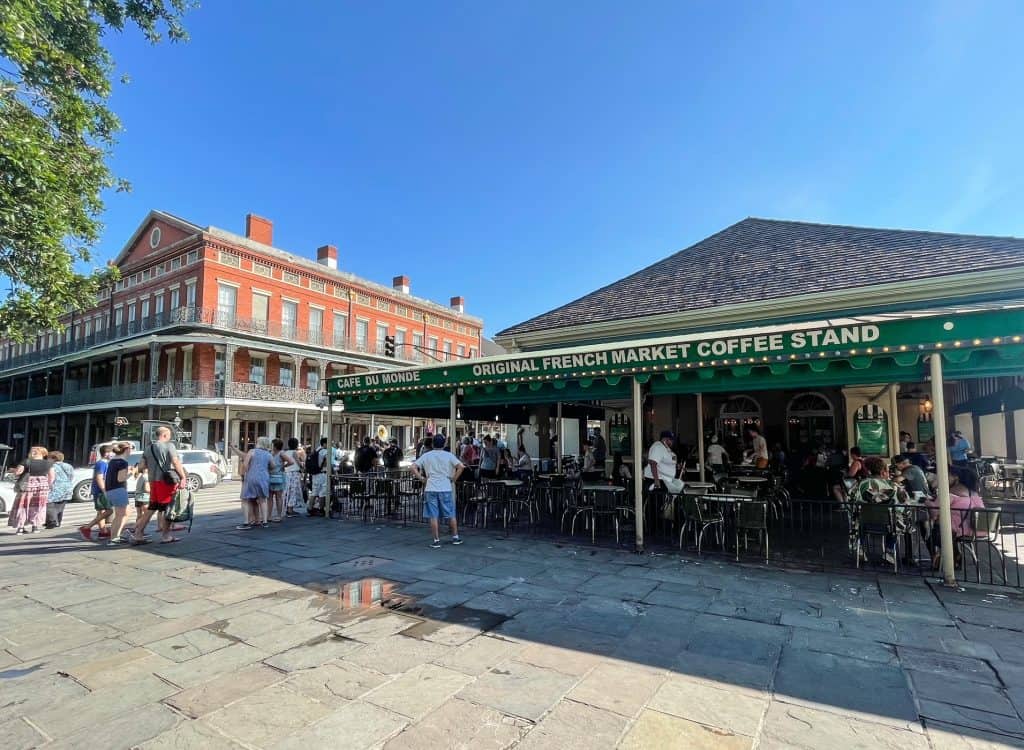 The famous green and white Café du Monde next to Jackson Square in the French Quarter that sells incredible beignets.