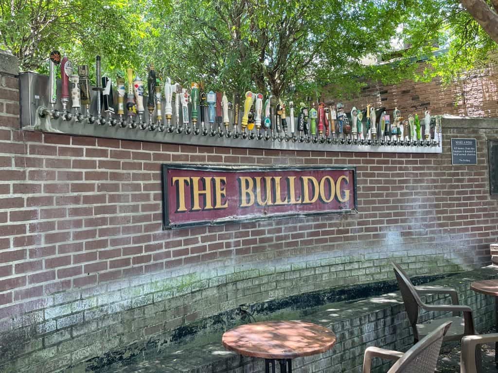 The outdoor waterfall coming out of beer taps at The Bulldog bar in the Garden District.