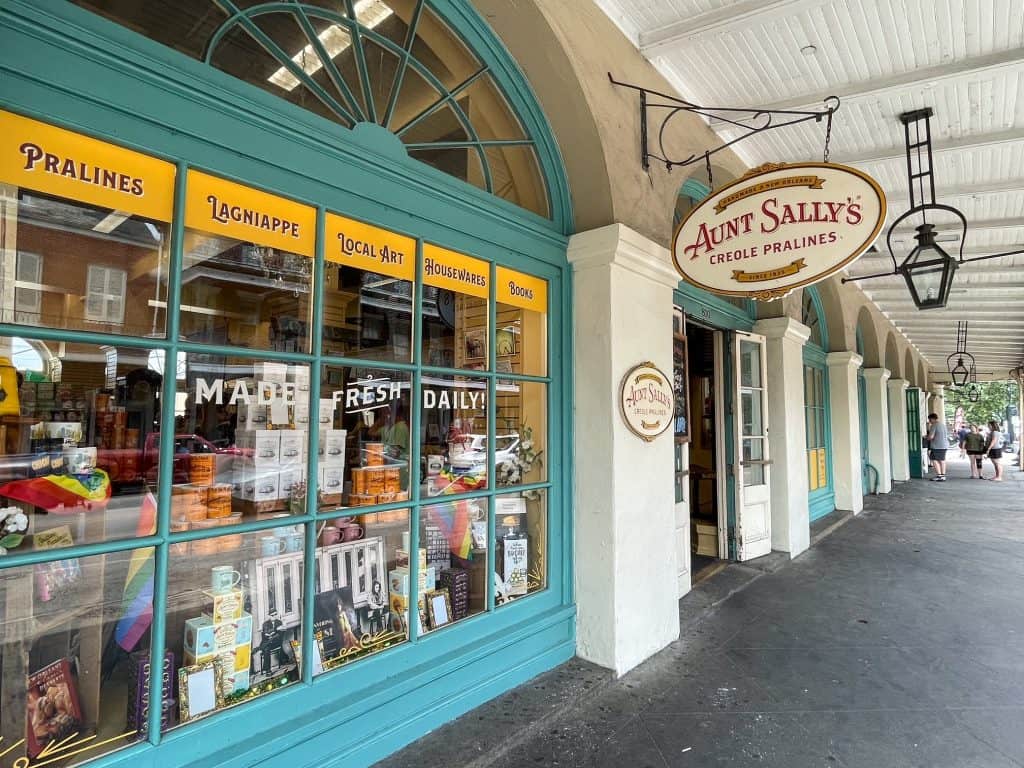 The front storefront of Aunt Sally's praline shop in the French Quarter.