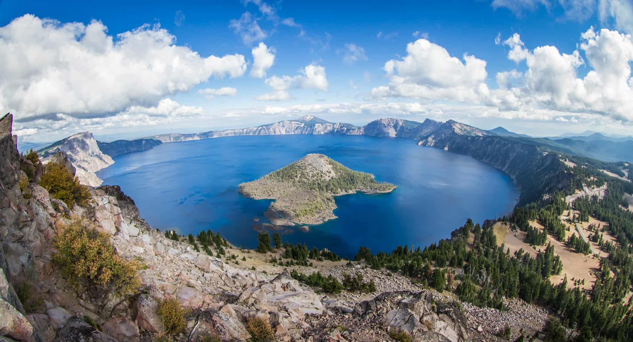 wide angle view of Crater Lake form the top of Watchman's Peak, beautiful landscape in Oregon