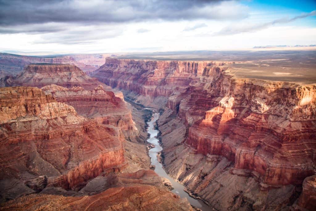 View over the south and north rim part in grand canyon national park from the helicopter, USA.