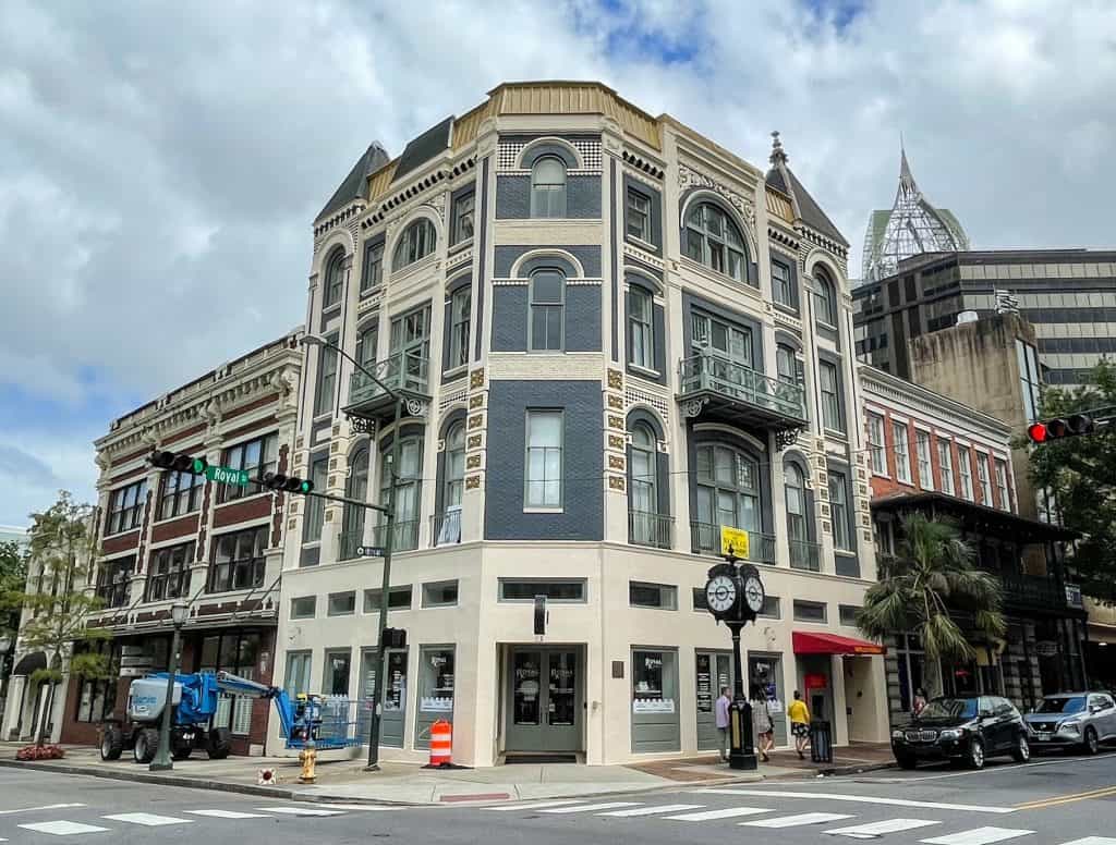 Old historic building on Dauphin Street in downtown Mobile, Alabama.