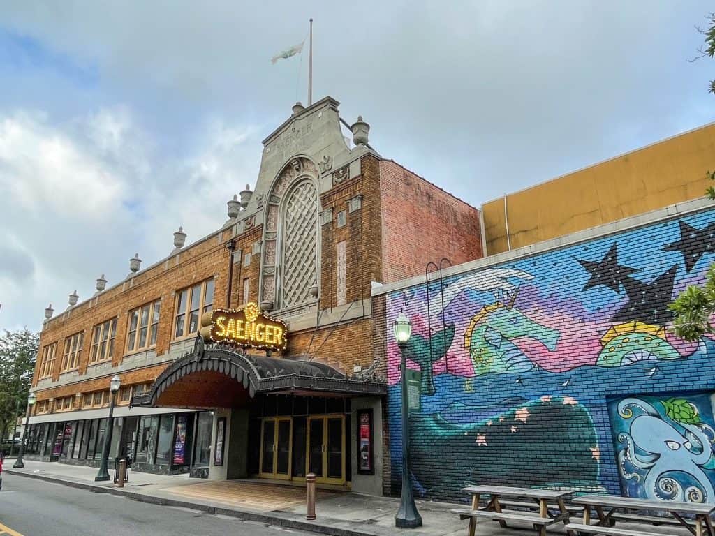The colorful sea life art mural on the side of LoDa Bier Garden in Mobile.