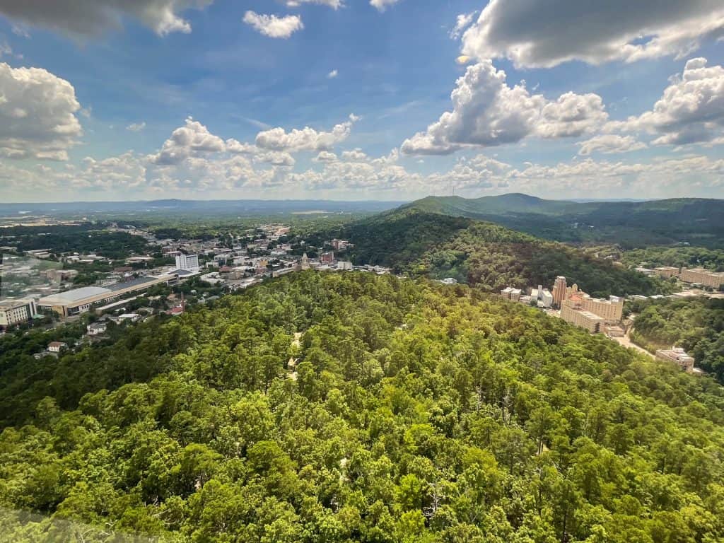 Looking down at the mountain and the downtown area of Bathhouse Row and the Arlington Hotel from the top of the Hot Springs Mountain Tower.
