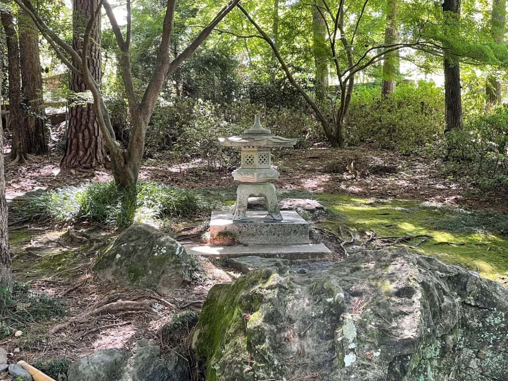 The stone lantern in the Japanese garden at Garvan Woodland Gardens in Hot Springs.