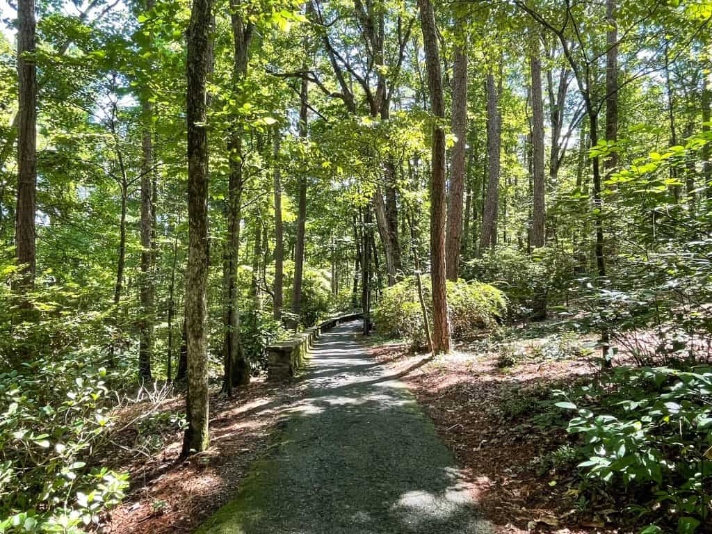 Walking through a wooded area at the botanical gardens.