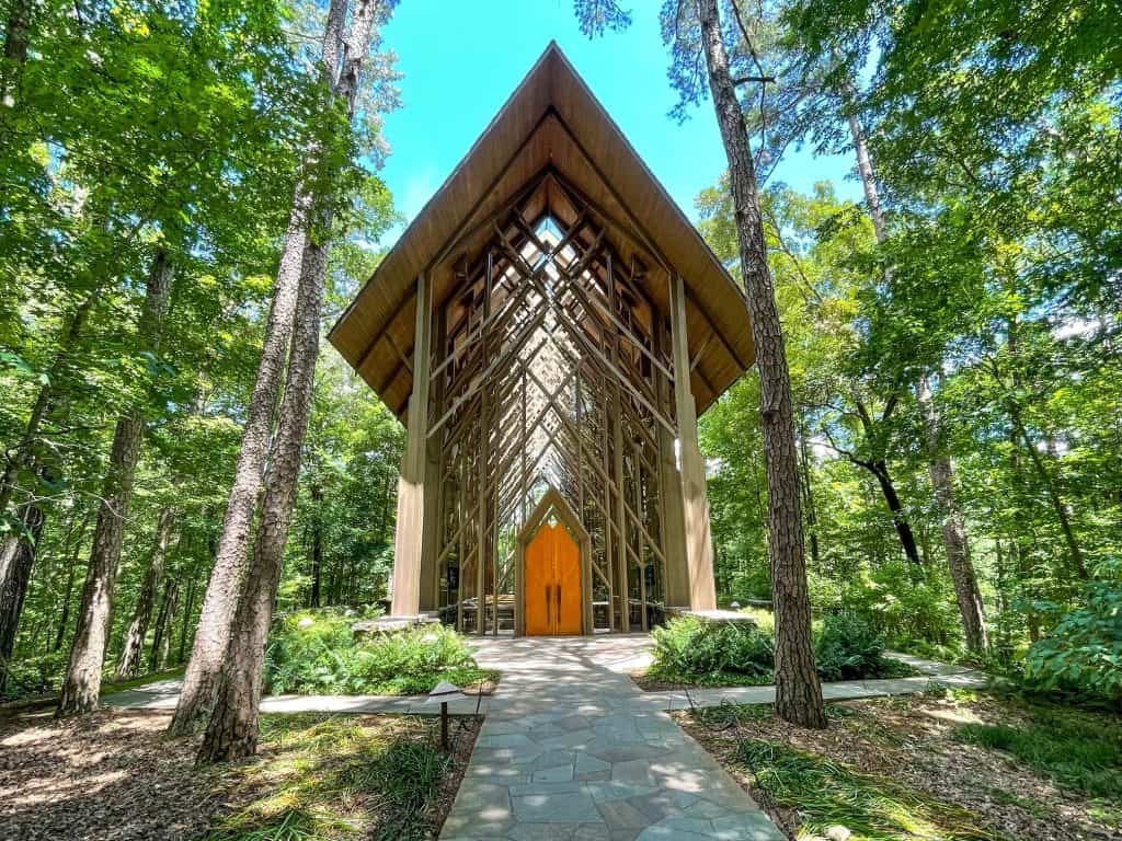 The gorgeous Anthony's Chapel surrounded by trees and built of natural wood and glass at Garvan Gardens.