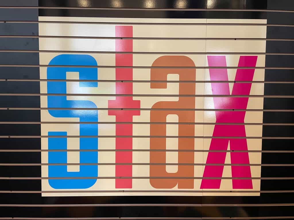 The colorful logo of STAX inside the gift shop at the STAX Museum in Memphis, TN.