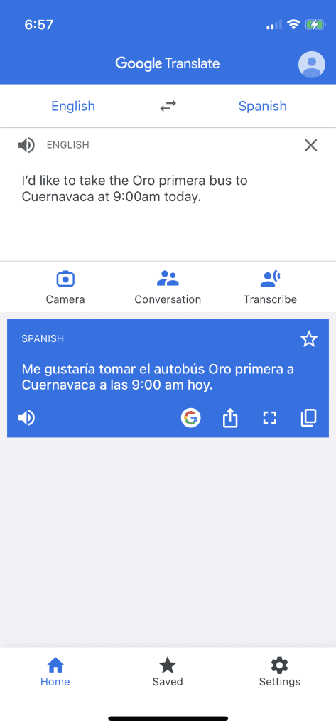 A screenshot of an example of what to type into Google Translate to ask for bus ticket in Mexico.