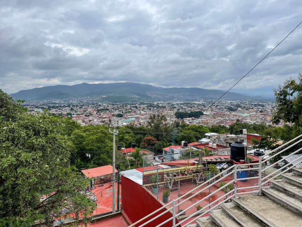 Looking out viewing Oaxaca City and surrounding mountains from the top of Escaleras del Fortin.