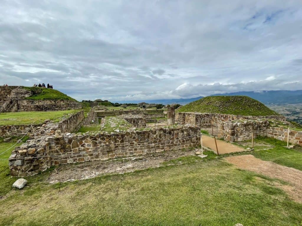 Base of stone structures at the ruins of Monte Alban in Oaxaca, Mexico.