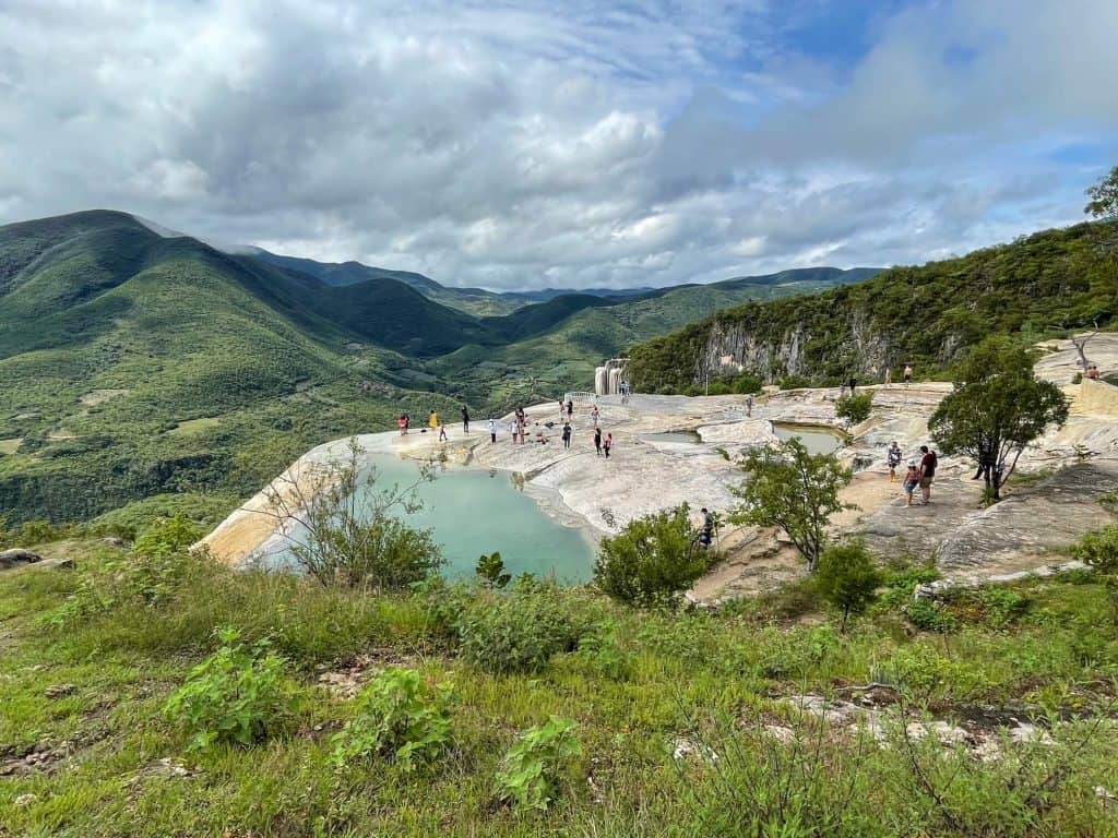 Looking down at the plateau of the stunning mineral pools of Hierve el Agua near Oaxaca City, Mexico.