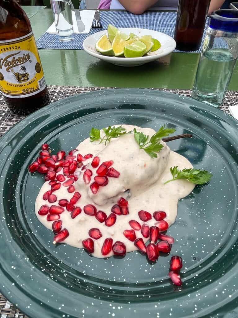 The beautiful Chiles en Nogada dish with a stuffed poblano chile covered in a white sauce, red pomegranate seeds, and cilantro at a restaurant in Oaxaca City, Mexico.