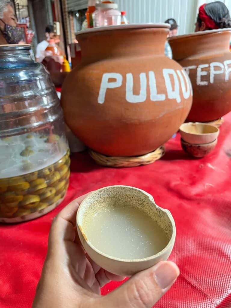 A big clay pot with pulque and holding a small cup of the white colored pulque to drink in a market in Oaxaca City, Mexico.