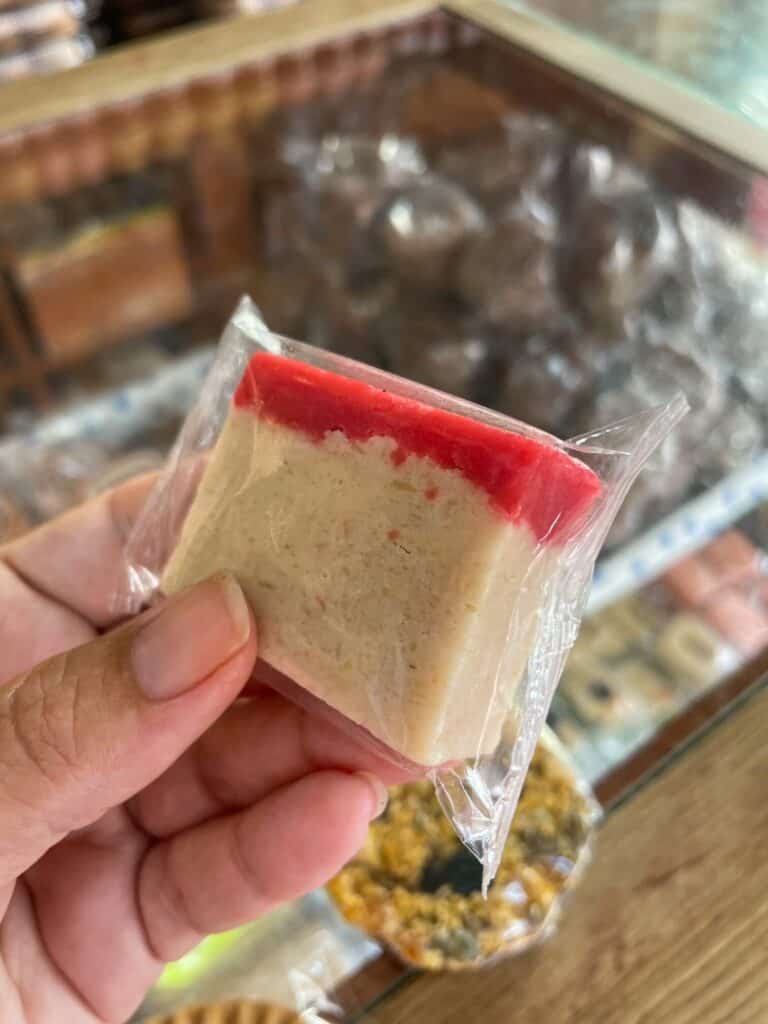 A small rectangular shaped bar made of pepitas or pumpkin seeds combined with sugar and milk similar to marzipan.