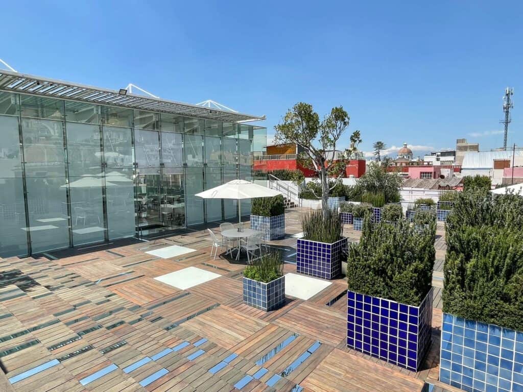 The wide open rooftop cafe at the top of Museo Amparo with white umbrellas, steps to sit, and blue planters with plants.