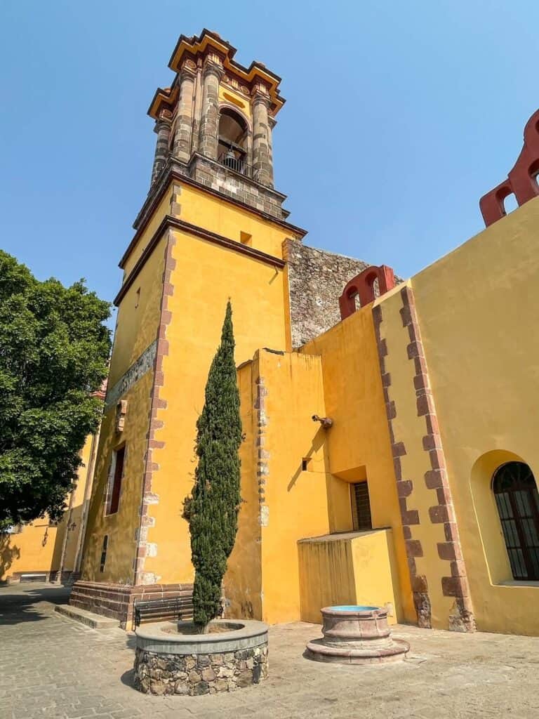 The tall bell tower of the Immaculate Conception church and its vibrant yellow exterior and a tall thin tree near the entrance.
