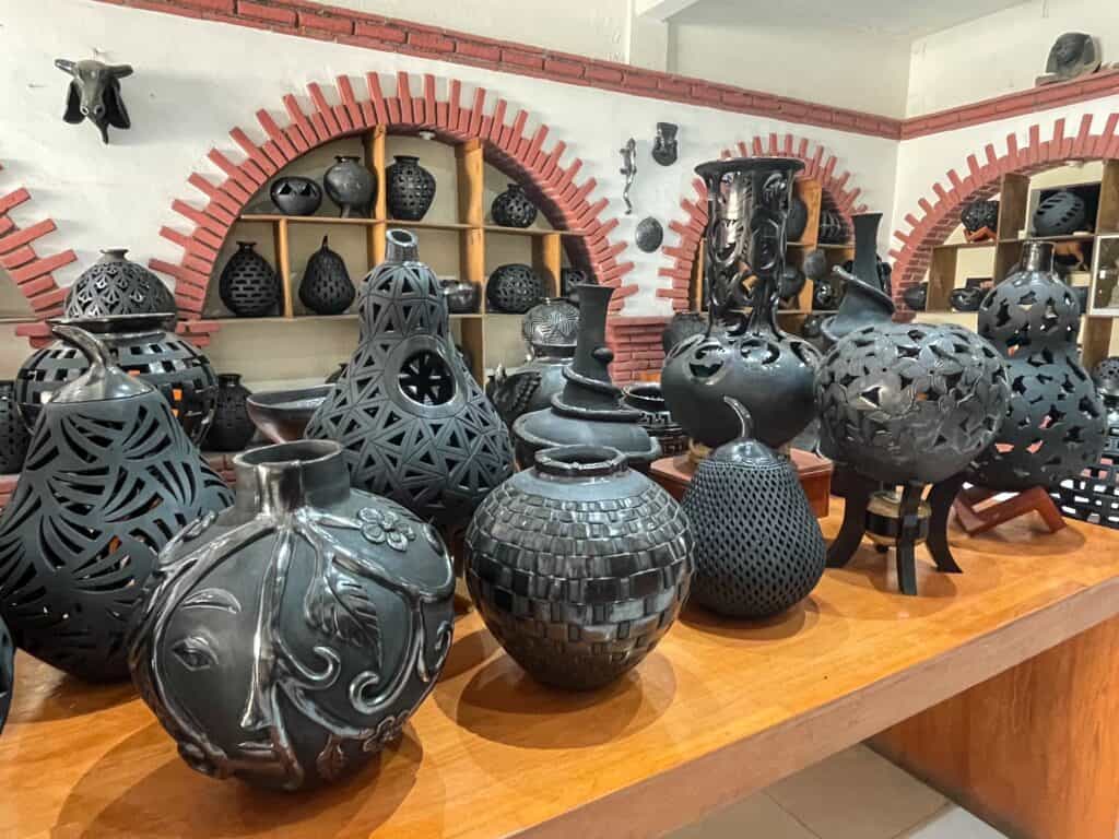A shop filled with beautiful handmade black pottery items for sale in San Bartolo outside of Oaxaca.