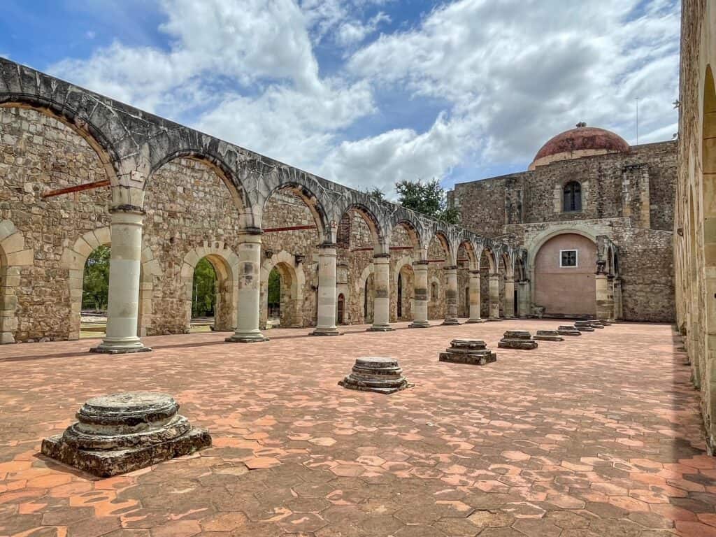 Ex Convento de Cuilapam de Guerrero with several arches and beautiful stonework, one stop on a long day trip from Oaxaca, Mexico.