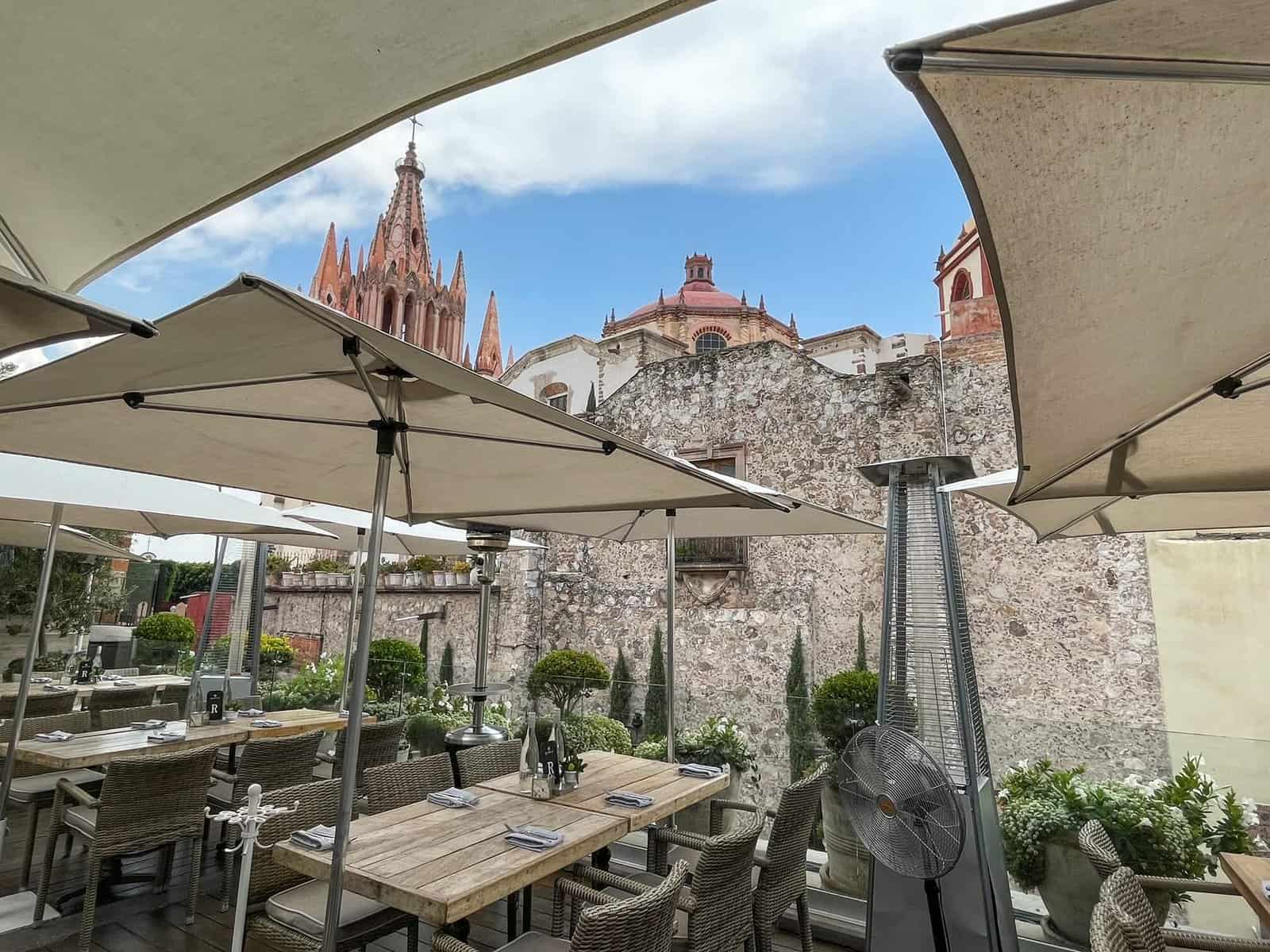View of church tower from Quince Rooftop in San Miguel de Allende, Mexico
