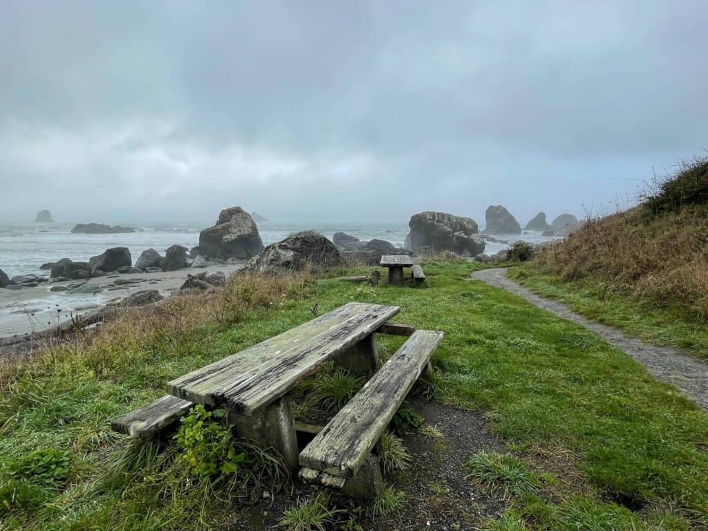 A picnic table off a trail along the beach with several large rocks at Lone Ranch Beach in Samuel H. Boardman scenic corridor.