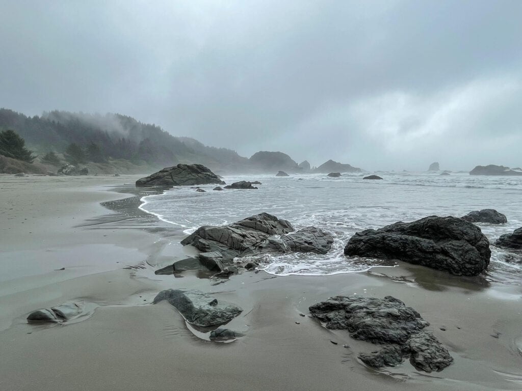 A foggy day with dark clouds standing on Lone Ranch Beach watching the waves against the rocks.