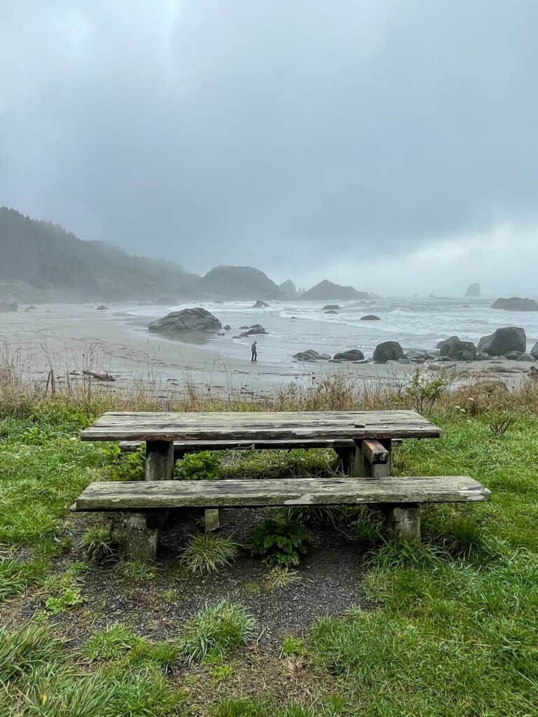 A picnic table on a patch of grass looking out at the beach, rocks, and ocean on a foggy day at Lone Ranch Beach in Southern Oregon.