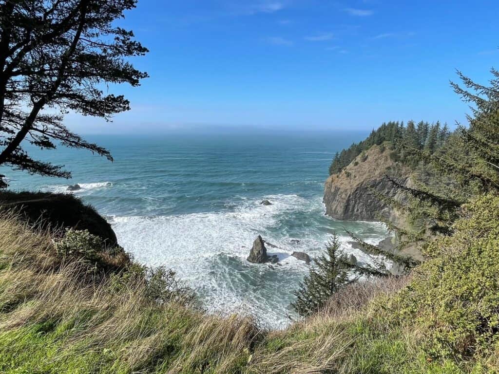 Standing at a viewpoint overlooking the Pacific Ocean and gorgeous rock formations along Samuel H. Boardman State Park on Southern Oregon's coast.