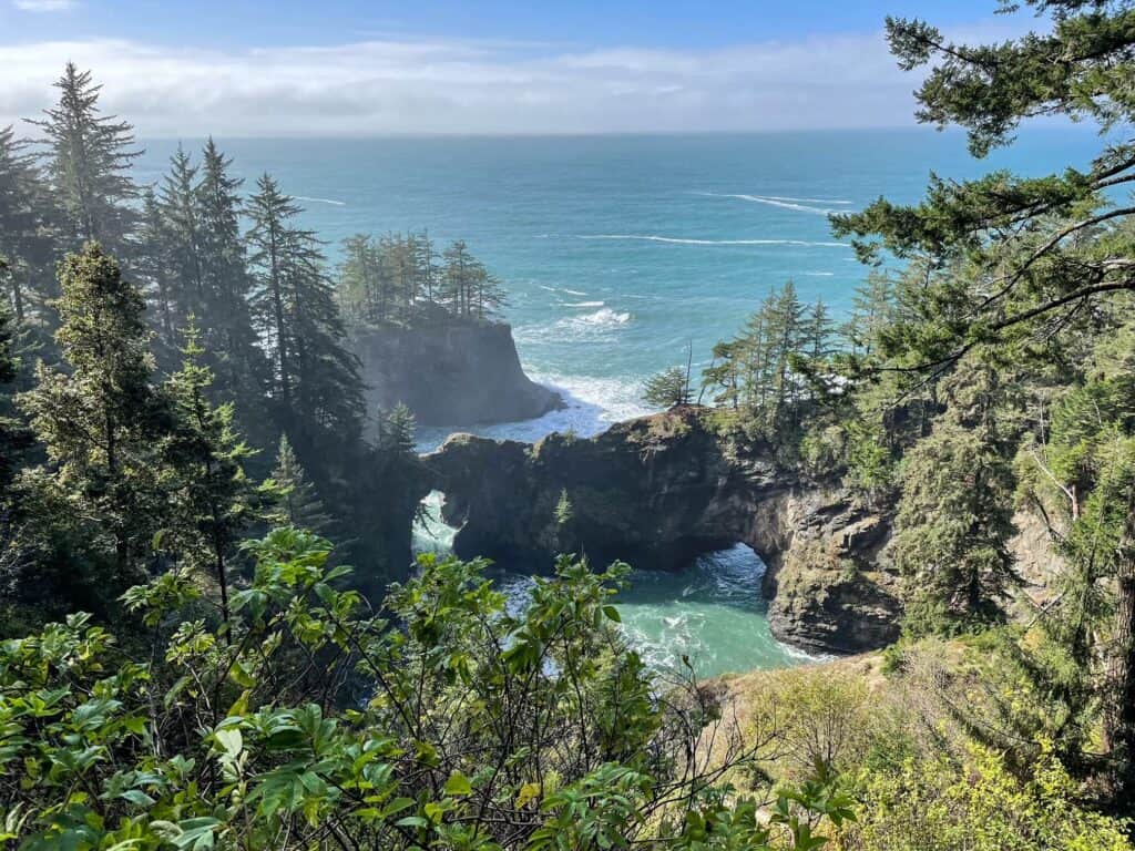 Two huge rock formations off the Oregon coast with natural arches at Natural Bridges viewpoint in Samuel H. Boardman State Scenic Corridor.
