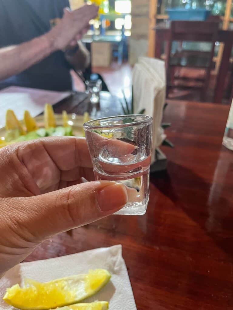 Holding a shot glass with clear mezcal during a mezcal tasting at a small family run mezcal distillery in Oaxaca.