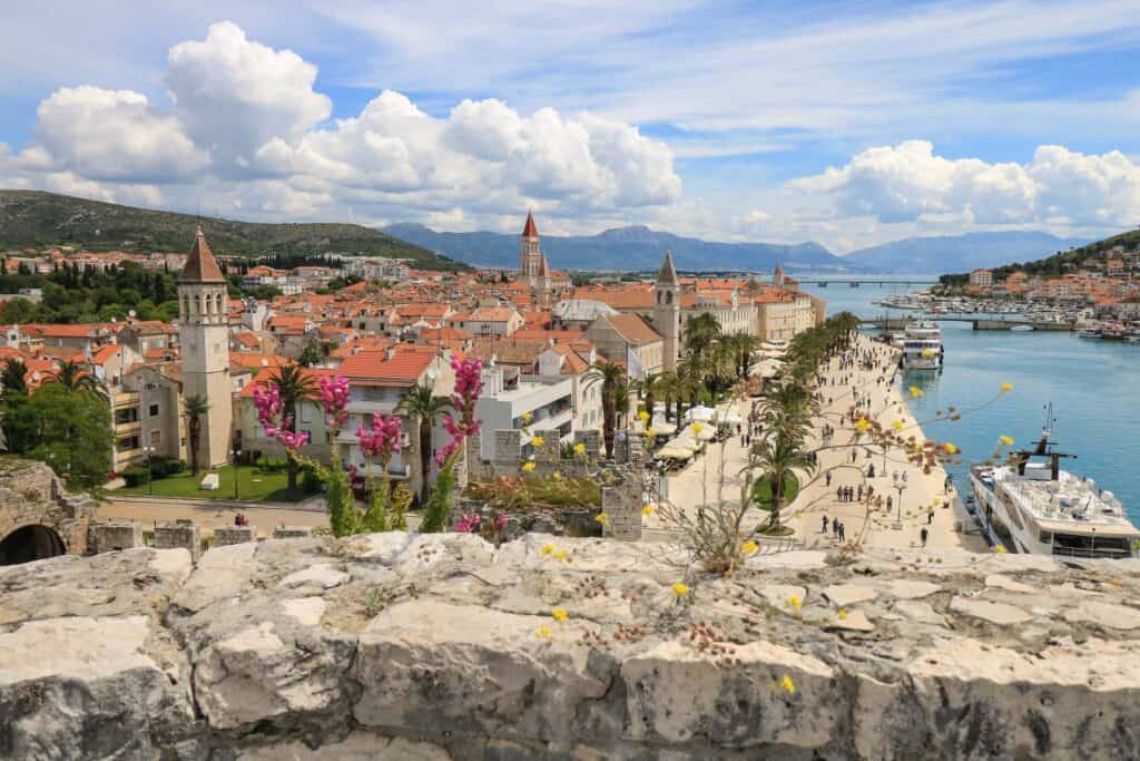 Looking at the charming old town of Trogir and sea from the top of Kamerlengo Fortress in Torgir, Croatia.