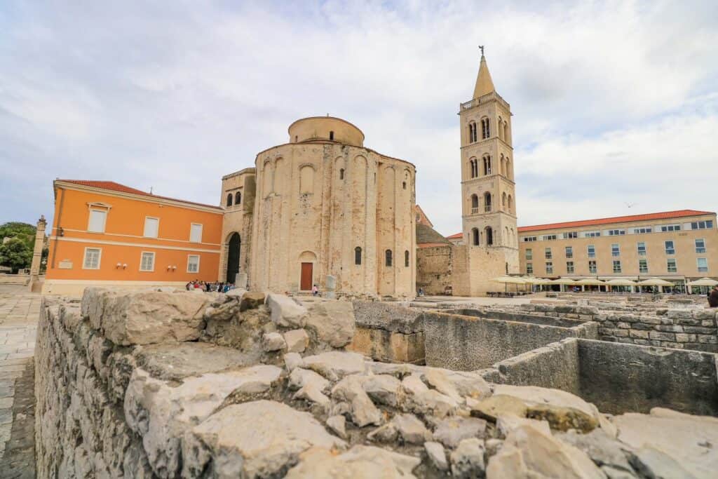 The Roman ruins in old town Zadar of the cathedral and bell tower in Croatia.