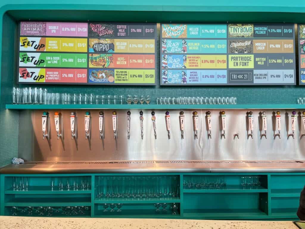 A closeup view of all the beers on tap at Wiseacre Brewing in downtown Memphis, Tennessee.