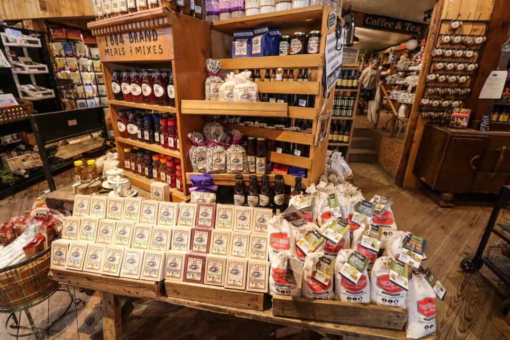 Inside the cute gift shop of Warm Hearth with soaps, honey, cards, hats, and more.