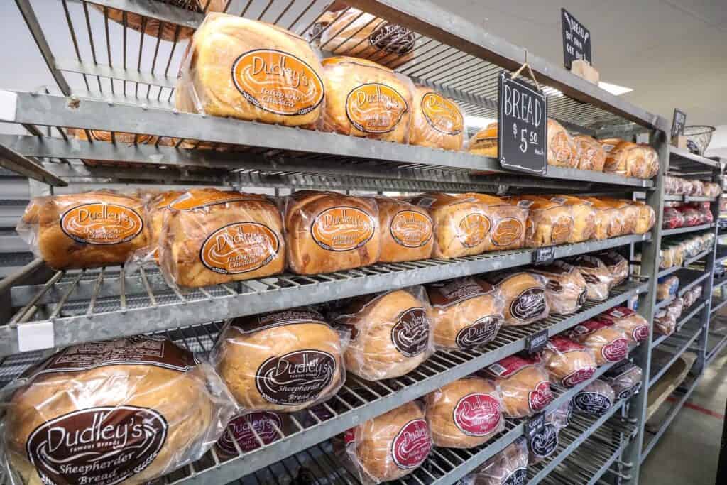 Close up view of rows of different kinds of bread ready to buy at Dudley's Bakery.
