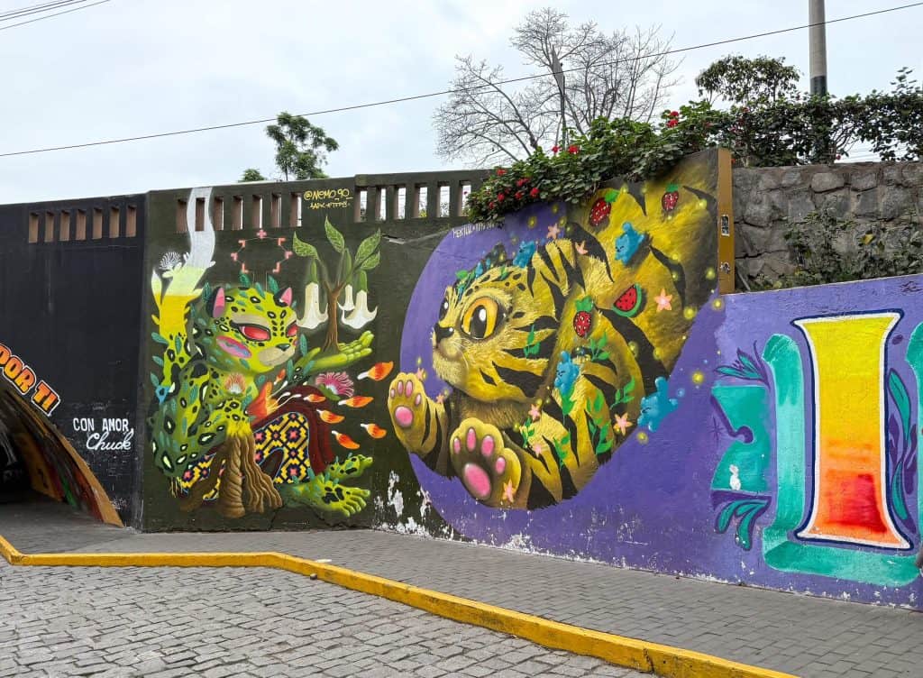 An art mural of two different types of cats on a street in Barranco, Lima.