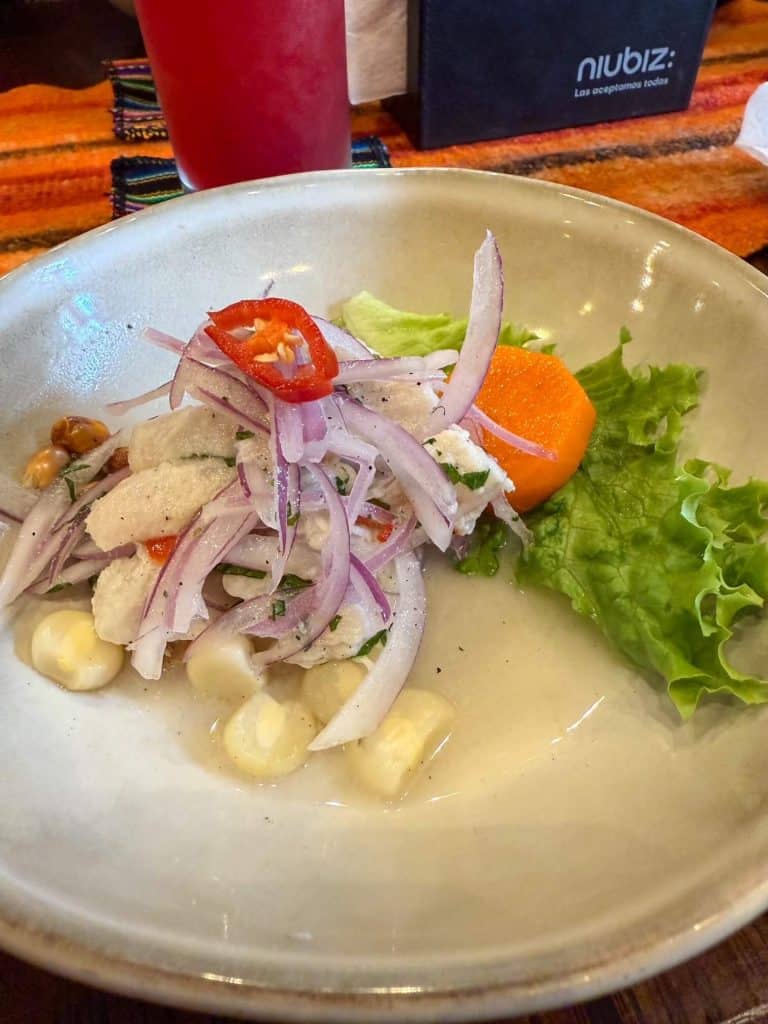 A plate with Peruvian ceviche made up of fresh fish in leche de tigre, pickled onions, corn kernels, sweet potato and lettuce at a restaurant in Barranco, Lima.