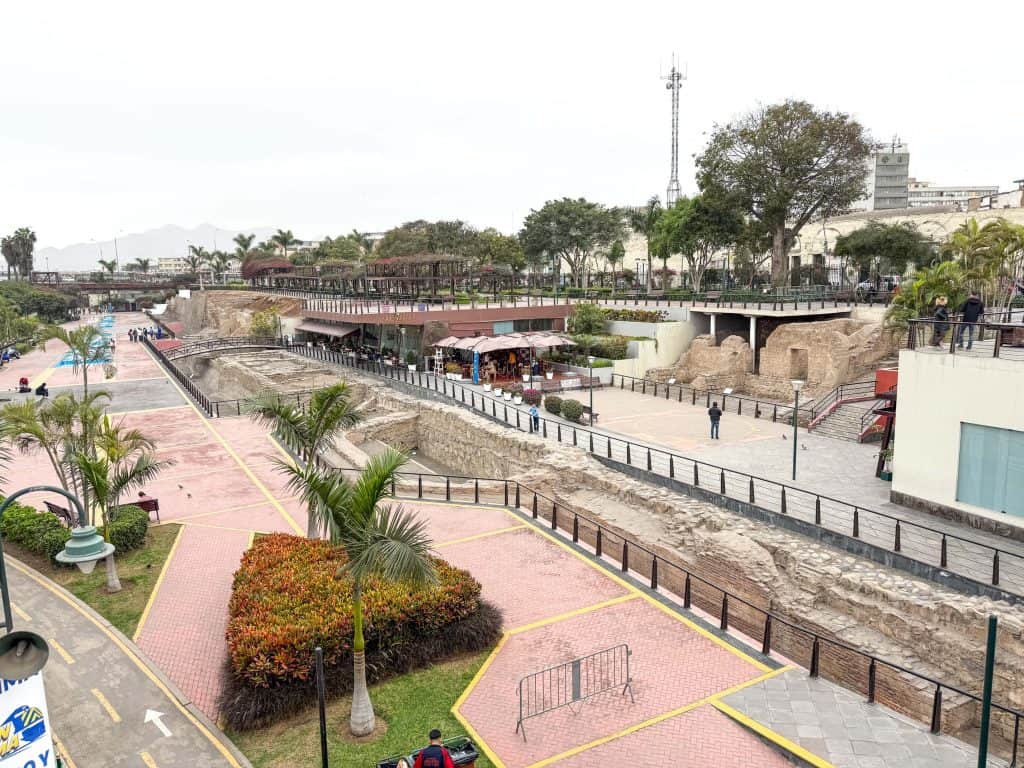 View of the ruins at Parque de la Muralla along the Rimac River in Lima.