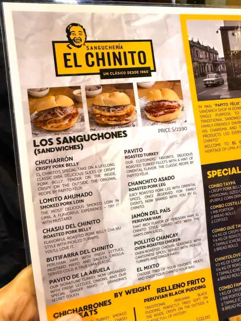 Menu for the various pork sandwiches at El Chinito which has the best chicharron sandwich in Lima.