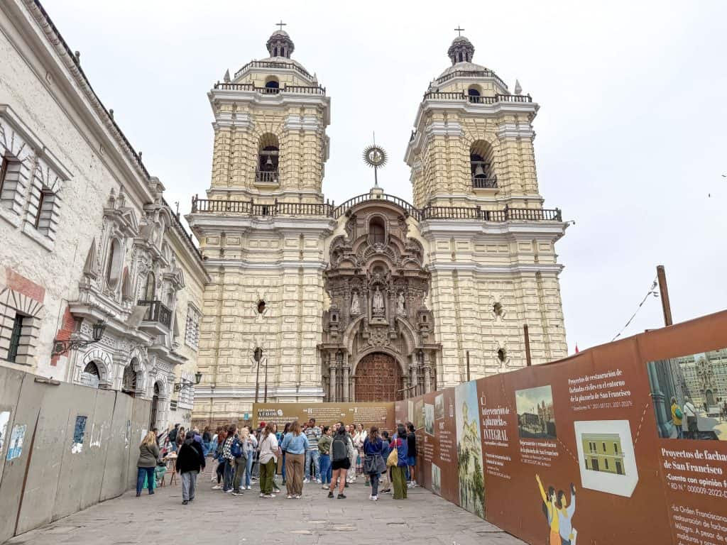 Exterior view of the cathedral at Convento San Francisco with its colonial architecture in Lima, Peru.