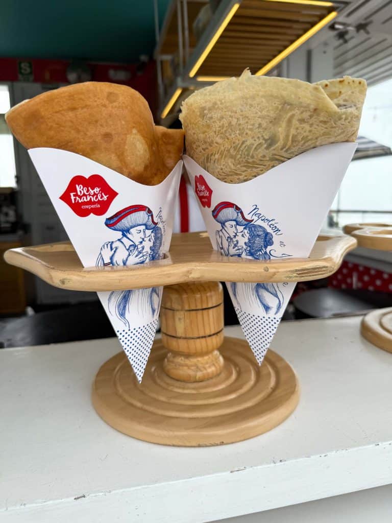 Two crepes in a holder on the open bar at Besos Frances along at the top of the cliff along the coast in Miraflores, Lima.