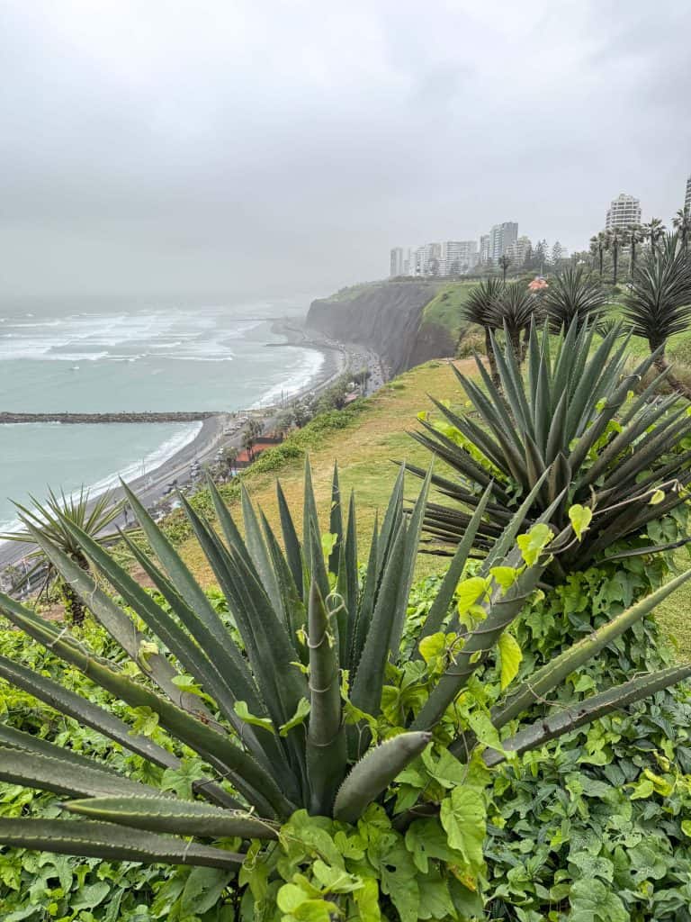View of the coastal cliffs of Malecon de Miraflores, the walkway made up of a series of parks with incredible views in Miraflores, Lima.